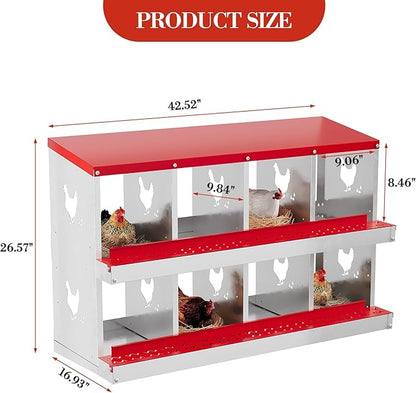 8 Grid Metal Chicken Nesting Box – Roll Away Egg Tray, Heavy Duty Rustproof Steel, Removable Plastic Trays, Lid Cover & Swing Perch, Ventilated for Hens/Ducks – Red (8 Grids, Without Bracket)