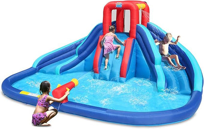 Action Air Water Slide, Inflatable Waterslide with Large Pool, Blue Bounce House with Double Slide and Climbing Wall