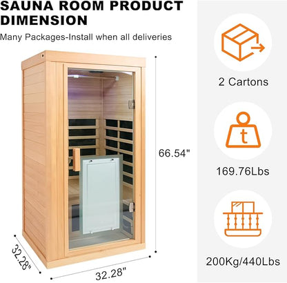 Far Infrared Sauna 1 Person, Infrared Sauna for Home, Low EMF 1350W/120V Infrared Indoor Saunas with Smart Display & Bluetooth Speaker, Extendable Clothes Rail, 32.28"x32.28"x66.92"