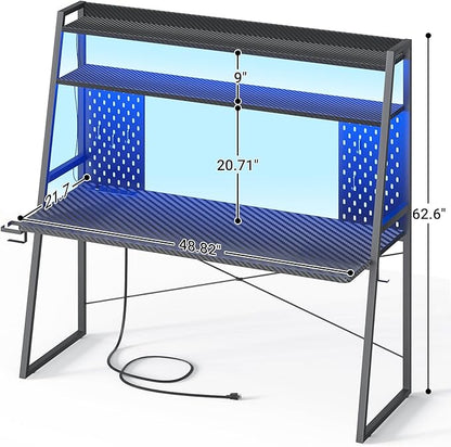 Gaming Desk with Hutch and LED Lights, Gaming Computer Desk with Power Outlets, Gamer Desk with Storage Shelves, PC Game Desks with Pegboards, for Bedroom, Carbon Fiber Black, 49"