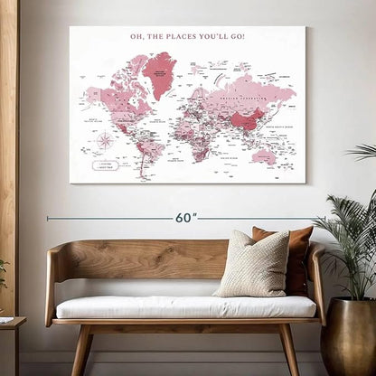 ElephantStock - Places You'll Go Push Pin World Map Wall Art - Horizontal Canvas Wall Art - Living Room Wall Decor - Digital Art Map Canvas Art - White And Pink Decor - 51" x 34"