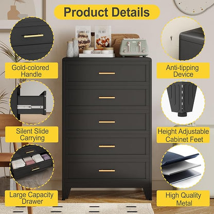 5 Drawers Tall Black Dresser for Bedroom, 52.16" Metal Dressers & Chests of Drawers Curved Corner Design, Storage Organizer Drawer Chest with Large Capacity for Living Room, Hallway, Entryway