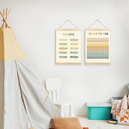 CGBHW Boho Educational Poster Hanger Frame Set of 2, Color Count to 100 Number Learning Posters Wall Art Hanging Decor for Classroom Nursery Kids Room Playroom Preschool，12x16Inch