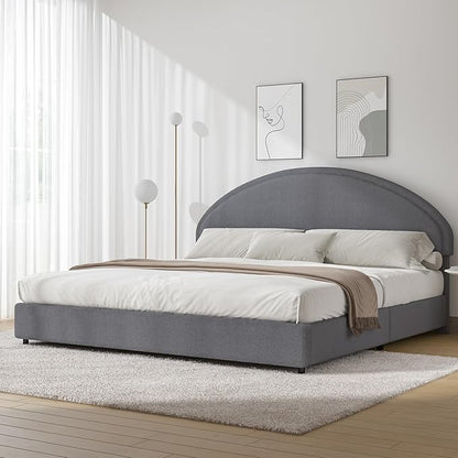 King Size Bed Frame, Upholstered Platform Bed with Headboard, Boucle Bed Frame with Round Conner, No Box Spring Required, Easy Assembly, Grey