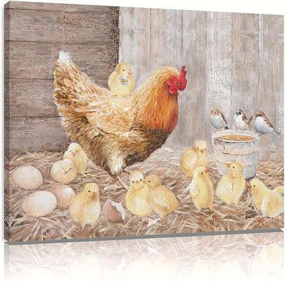 Farmhouse Wall Art Rooster Print: Hen Painting Small Born Chicks Picture Barnyard Birds Vintage Wood Framed Canvas Artwork for Kitchen Decor Easy Hanging (16"x24"x1 Panel)