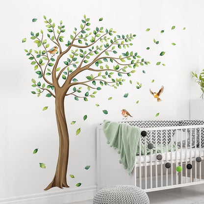 Tanlaby Large Tree Wall Stickers Green Leaves Birds Wall Decals Peel and Stick Falling Leaf Art Decor for Kids Girls Nursery Room Bedroom Living Room Kindergarten (H: 64 inch)