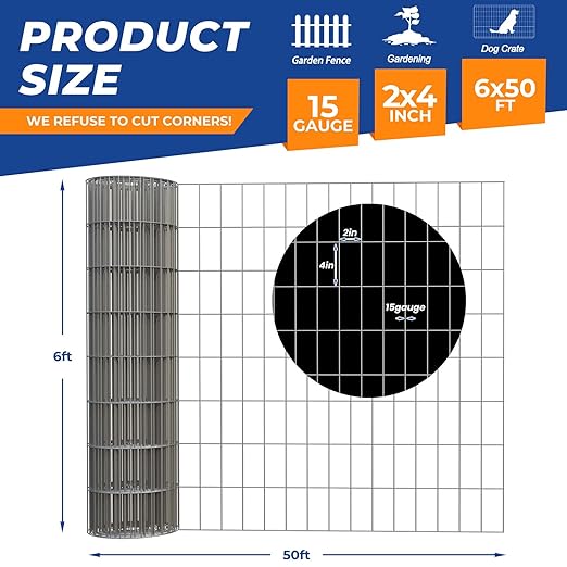 15GA 6'*50' Welded Wire Mesh, Metal Fencing Wire Mesh 2'' X 4'', for Dog Boundary Fence Roll Outdoor Animal Barrier Fence and Garden Plant Vegetable Protection