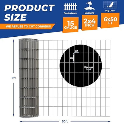 15GA 6'*50' Welded Wire Mesh, Metal Fencing Wire Mesh 2'' X 4'', for Dog Boundary Fence Roll Outdoor Animal Barrier Fence and Garden Plant Vegetable Protection