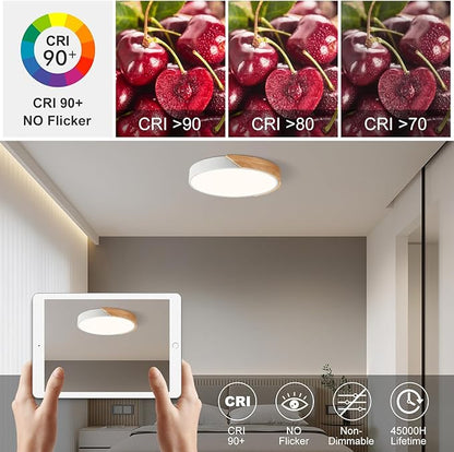 Vikaey Modern LED Ceiling Light, Minimalist Wood Flush Mount Ceiling Light