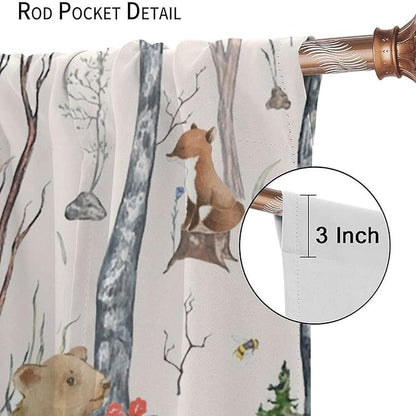 Rustic Forest Window Curtains Curtains, Woodland Animal Bear Deer Hedgehog Fox Forest Squirrel Watercolor Blackout Rod Pocket Window Treatments Drapes for Boys Girls Bedroom 72x63in