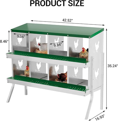8-Compartment Metal Chicken Nesting Box - with Perch, Secure Lid & Metal Legs, Wall-Mount or Free-Standing Nesting Boxes for Hens