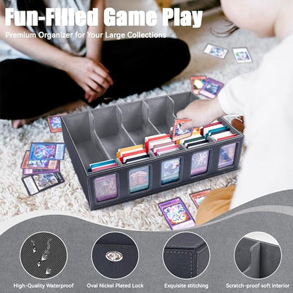 5-Row 3900+ Trading Card Storage Box for MTG, Card Deck Box with Snap-fit Design, 5 Card Sleeves, 10 Stoppers, 80 Dividers and 1 Dice Tray (Black-Grey)