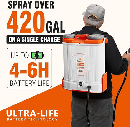 Battery Powered Backpack Sprayer 4.2Gallon, 45-90PSI Adjustable Pressure, 6 Hours Long Battery Life, Electric Backpack Garden Sprayer with 6 Spray Nozzles for Lawn, Garden, Yard
