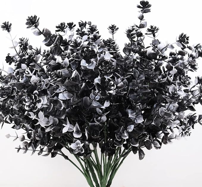 Black Artificial Flowers, Fake Outdoor UV Resistant Plants Faux Plastic Greenery Shrubs Indoor Outside Hanging Planter Home Kitchen Office Wedding, Garden Decor (White+Black)