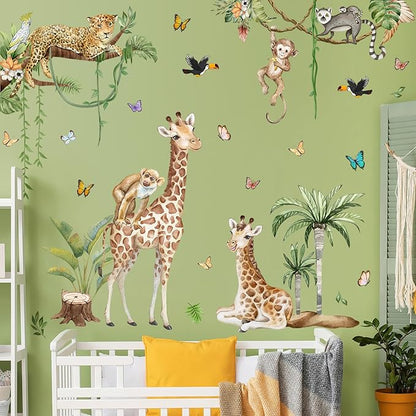 Jungle Safari Watercolor Wall Stickers - Large Removable Animal Wall Decals (Leopard, Giraffe, Monkey, Koala) with Tropical Plants Vines & Butterflies DIY Nursery Decor for Kids Bedroom, Classroom