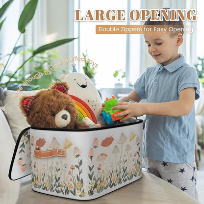 Mushroom Botanical Flower Plants Storage Bins With Lids Fabric Collapsible Storage Box with Leather Handles for Home Bedroom Foldable Closet Shelf Organizer