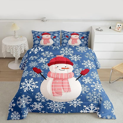 Feelyou Christmas Comforter Set Queen Size Snowman Blue Bedding Set for Kids Boys Girls Xmas Snowflakes Duvet Quilt Winter Snow Bedroom Decor Microfiber 3 Pcs with 2 Pillow Cases