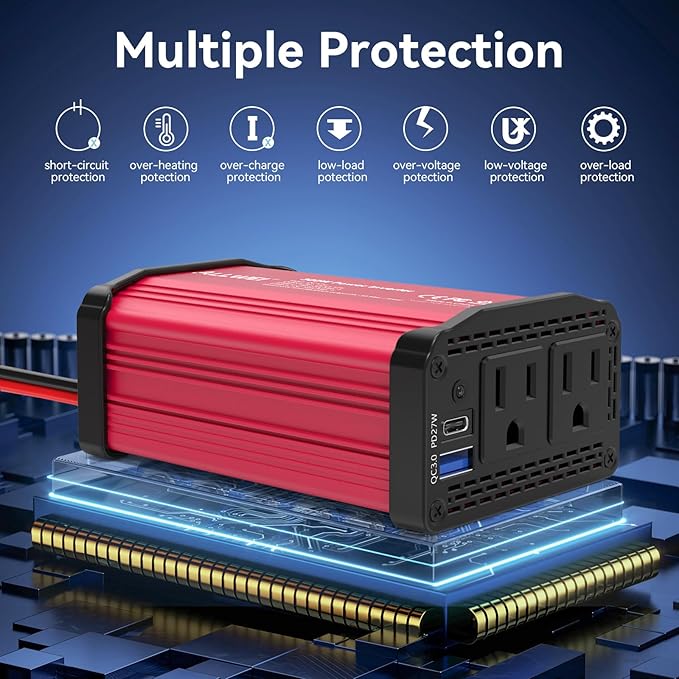 ALLWEI 300W Power Inverter DC 12V to 110V AC, Compact Car Plug Adapter Outlet with 27W PD USB-C &18W USB-A Fast Charging, Cigarette Lighter Adapter Car Charger for Phone, Laptop on Road Trip - Red
