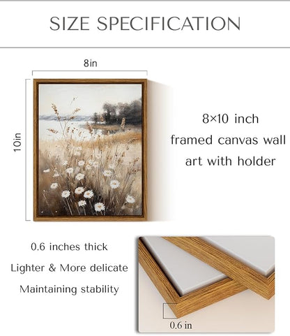 InSimSea Framed Canvas Wall Art for Living Room Fall Landscape Wall Decor Meadow with Flowers Vintage Paintings Classical Wildflower Field Scene Boho Floral Pictures Decor for Bathroom Bedroom 8x10in