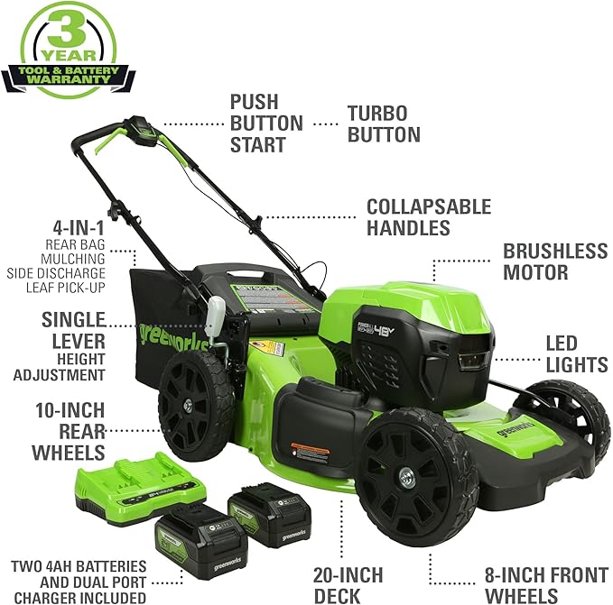 Greenworks 48V (2x24V) All-in-One Cordless Combo - 20" Push Lawn Mower, 12" String Trimmer, 320 CFM Leaf Blower & 3/8" 18 GA Crown Stapler