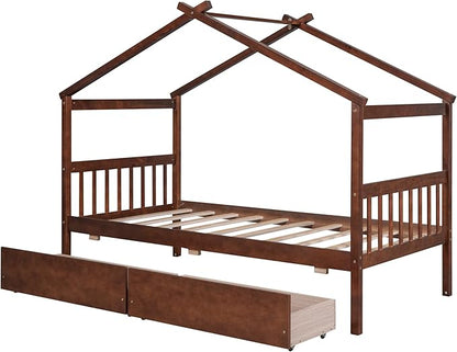 Merax Twin Size Wooden House Bed with Two Drawers, Wood Bed Frame with Roof for Kids, Teens, Boys or Girls, Walnut