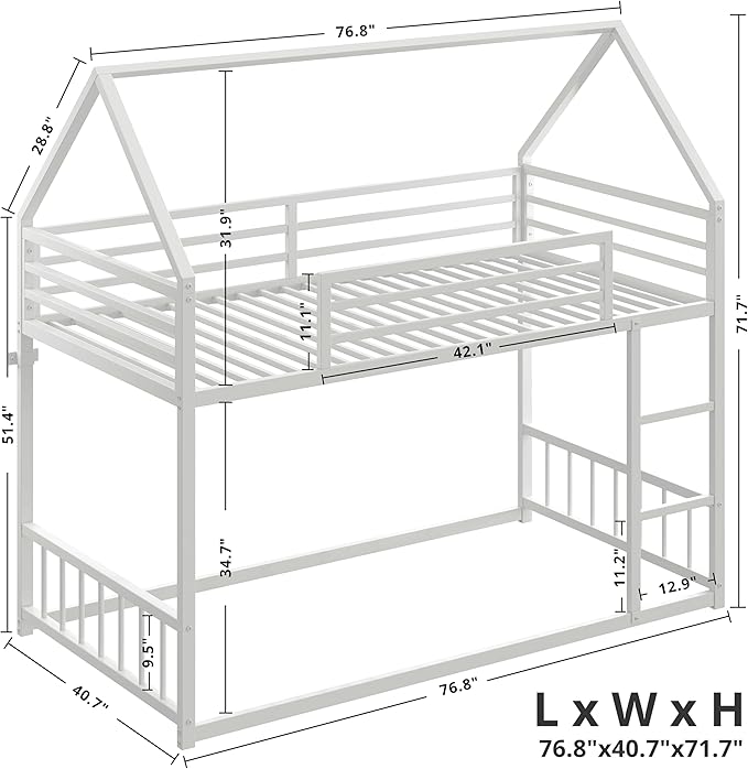 LIKIMIO Bunk Bed Twin Over Twin, House Bunk Bed Frame with Ladder and Guardrail, House Shaped with Metal Slats for Dormitory and Bedroom, Space Saving, No Box Spring Needed, White