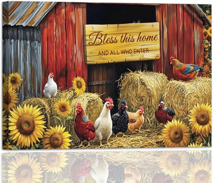 YMXDYMJSW Rooster Canvas Wall Art Chicken with Sunflower Pictures Farm Animal Prints Chicken Coop Paintings Inspirational Quotes Artwork for Kitchen Decor Frame (Brown,28L x 42W)