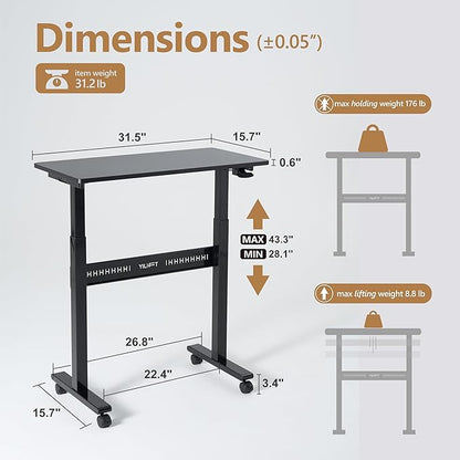 Non-Electric Auto-Lifting Standing Desk, No Knobs or Crank, Cordless, Rolling and Mobile, Great for Walking Pad, Adjustable Height 28.1'' to 43.3'', Desktop Size 31.5'' by 15.7'', Color Black