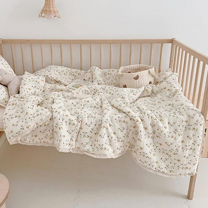 BuLuTu Cotton Muslin Toddler Comforter Shabby Chic Floral Design Twin Bed Blankets for Children Soft Lightweight Girls Boys Quilted Blanket, Wildflower Pattern, 60"x78"