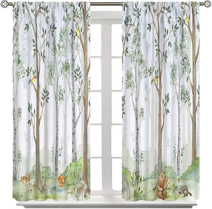 Kids Animal Curtains, Watercolor Natural Forest Animal Hedgehog Fox Butterfly Rabbits Forest Print Curtain Boys and Girl Bedrooms 72x63in