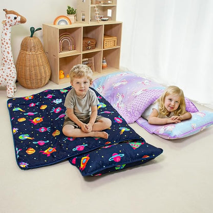 Toddler Nap Mat with Pillow and Minky Blanket, Large 55"x35" Sleeping Bag, Washable, Lightweight, Easy to Roll, Perfect for Preschool, Daycare, Kindergarten, Travel, Boys and Girls(Space)