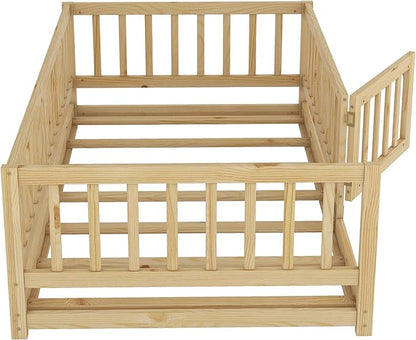 Twin Size Floor Bed Frame with Door and Slats,Montessori Floor Bed with Safety Guardrails for Girls Boys,Solid Wood Kids Montessori Bed Twin Size,Natural