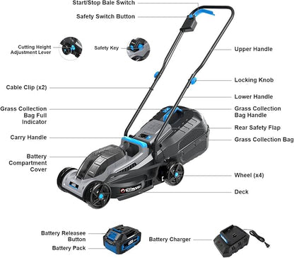 ROYAL GARDEN 13 Inch Lawn Mower Cordless Electric Walk Behind Push Mower with 5-Height Adjust Portable & Lightweight Push Battery Powered Lawn Mower (4.0AH Battery & Charger Included)