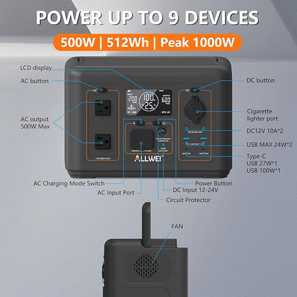 ALLWEI 500W Solar Generator with 100W Solar Panel, 512Wh LiFePO4 Portable Power Station with AC Outlets(1000W Surge), Battery Generator for RVs Outdoor Camping CPAP Home Backup Power Outage