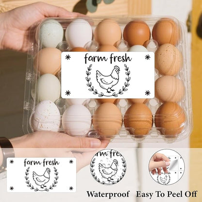 60Pcs 2" x 4" Farm Fresh Egg Carton Sticker Rectangle White Self Adhesive Fresh Egg Labels Cartoon Packaging Stickers Tags for Box Containers Business Farmhouse Market Supplies