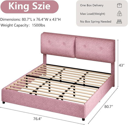 Boucle Upholstered Bed Frame King Size, Low Platform Bed King, Modern Soft Style, Adjustable Headboard, No Box Spring Needed, Easy Assembly, Pink