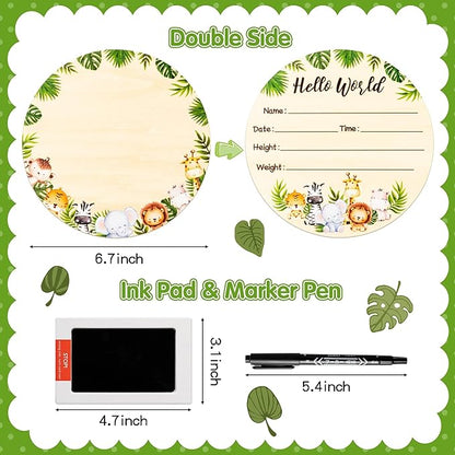 R HORSE Baby Birth Announcement Sign with Marker Pen, Safari Animals Baby Name Sign with Ink Pad for Hand and Footprints, Wooden Hello World Newborn Announcement Nursery Decor Keepsake Gifts
