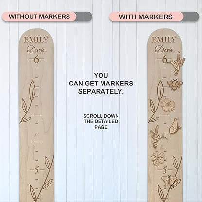 Personalized Wooden Growth Chart for Wall - Custom Name Kids Measurement Growth Chart for Girls, Child Height Measuring Chart Wooden, Baby Height Chart Wall Ruler Wood Wildlife Butterfly, 2 Sizes