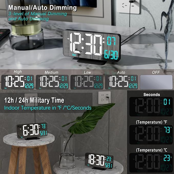KOSUMOSU Digital Alarm Clock 6.7in Black Clock