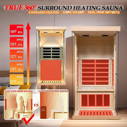 Canada Hemlock Low EMF FAR Infrared Sauna Room, 1 Person Indoor Sauna 1100W/120V with 6 Carbon Panel Heater & LCD Control Panel & Bluetooth Audio & 7-Color Chromotherapy Lights & 270° Panoramic Vision