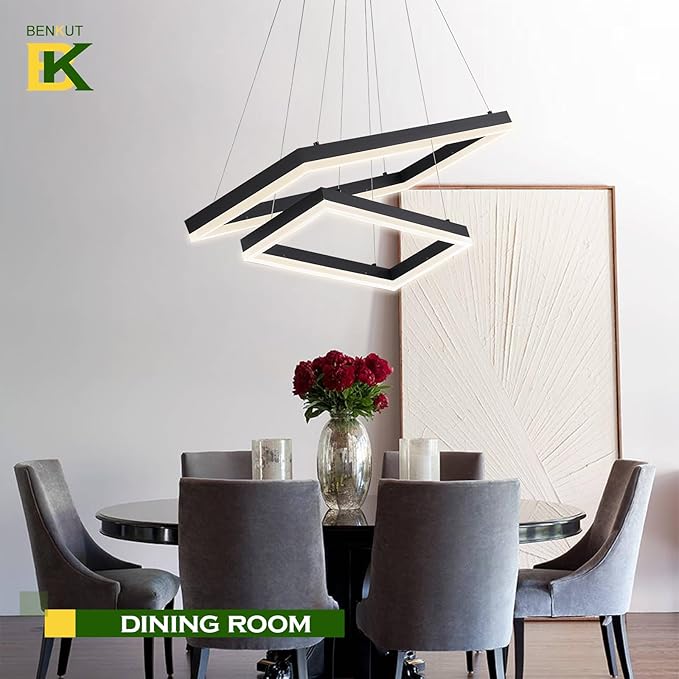 2 Rings Modern LED Chandelier Black 23.6inch Rectangle Dimmable LED Pendant