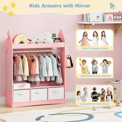 Kids Dress Up Storage Rack Mirror Wood Child Wardrobe 2 Hooks 2 Fabric Bins Toddler Closet Girls Boys Open Hanging Armoire Storage Shelf Coat Costume Hat Shoe (Pink/Rocket/Three Drawers)