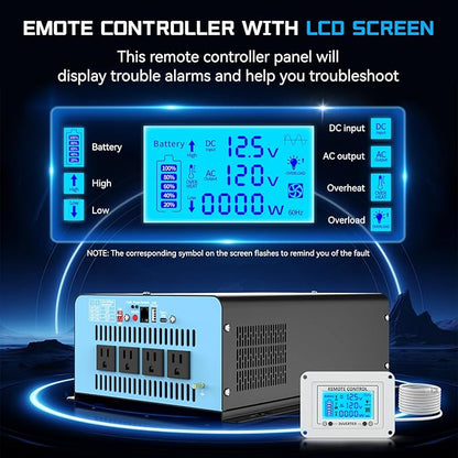 New Upgraded 2200 Watts Pure Sine Wave Inverter, 12V DC to 110V AC Power Inverter with 4 AC Outlets, USB Port, Type-C Port for Truck, Vehicle, Power Outage, Remote Control with LCD Screen