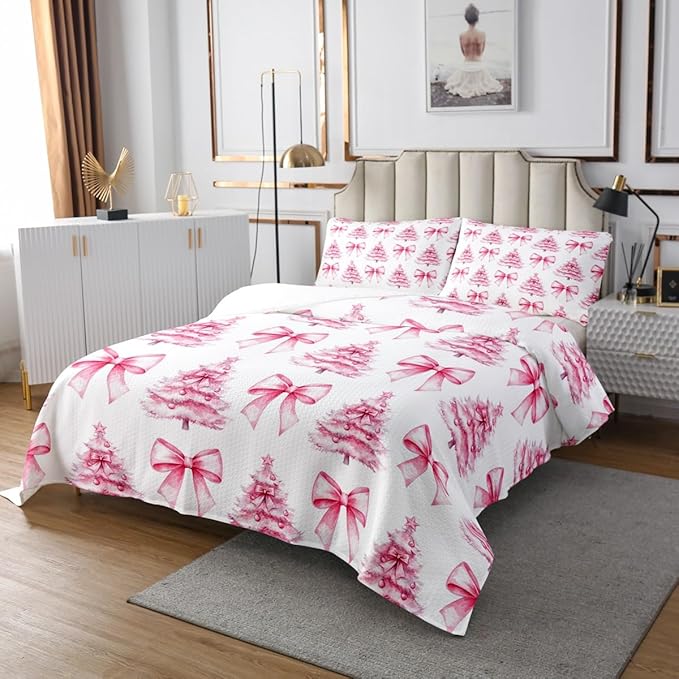 Manfei Pink Bowknot Kids Bedspread Twin Size,Christmas Trees Pine Bow Tie Toddler Coverlet Set,Girls Women Room Decor,Merry Christmas Happy New Year Quilted Coverlet,Xmas Bedding Quilt,1 Pillowcase