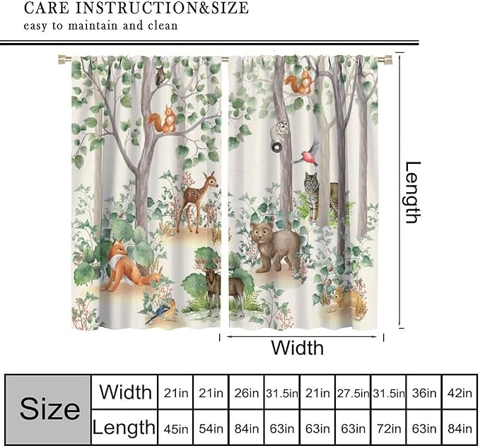 Woodland Animal Curtains, Cartoon Wild Rustic Forest Animals Pattern Blackout Window Treatments, Rod Pocket Thermal Insulated Drapes 2 Panel Sets for Kids Bedroom Nursery Classroom, 63" W X 72" L