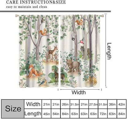 Woodland Animal Curtains, Cartoon Wild Rustic Forest Animals Pattern Blackout Window Treatments, Rod Pocket Thermal Insulated Drapes 2 Panel Sets for Kids Bedroom Nursery Classroom, 63" W X 72" L