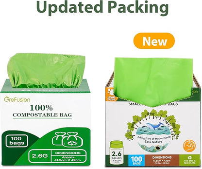 GreFusion 2.6 Gallon Compostable Trash Bags, 100 Count, Extra Thick 0.71 Mil, Certified by BPI and ASTM D6400, Perfect Fit for Small Trash Cans