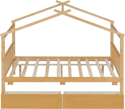 Merax Full Size Wooden House Bed with Two Drawers, Wood Bed Frame with Roof for Kids, Teens, Boys or Girls, Natural