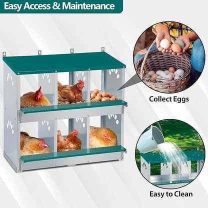 Rustproof Galvanized Steel Build - Chicken Nesting Box for Small Animals - 6 Compartments, Large Vented Holes, Easy Clean, Secure Egg Collection, Wall-Mounted - Green, 6 Compartments ZW