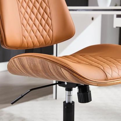 Home Office Chair No Arms with Wheels, Adjustable Height PU Leather Mid Back, 360 Swivel Computer Small Desk Chair, Armless Modern Walnut Style for Office, Reading Meeting Room(Brown)
